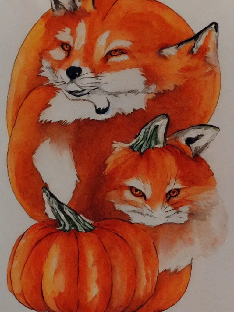 Prompt: autumn fox pumpkin watercolor by arti chauhan trending on artstation