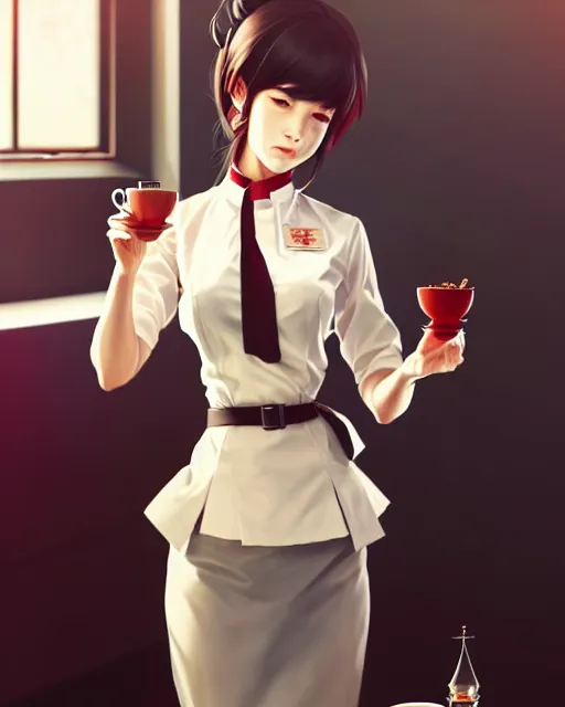 Image similar to full body shot of a beautiful tea hostess woman in work attire, art by saruei and guweiz and ilya kuvshinov, digital art, highly detailed, intricate, sharp focus, trending on artstation hq, deviantart, pinterest, unreal engine 5, 4 k uhd image