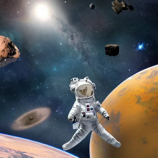 Image similar to astronaut dog floating in space connected to a space station with stars and asteroids in the background, high resolution, photorealistic, photo, 8k