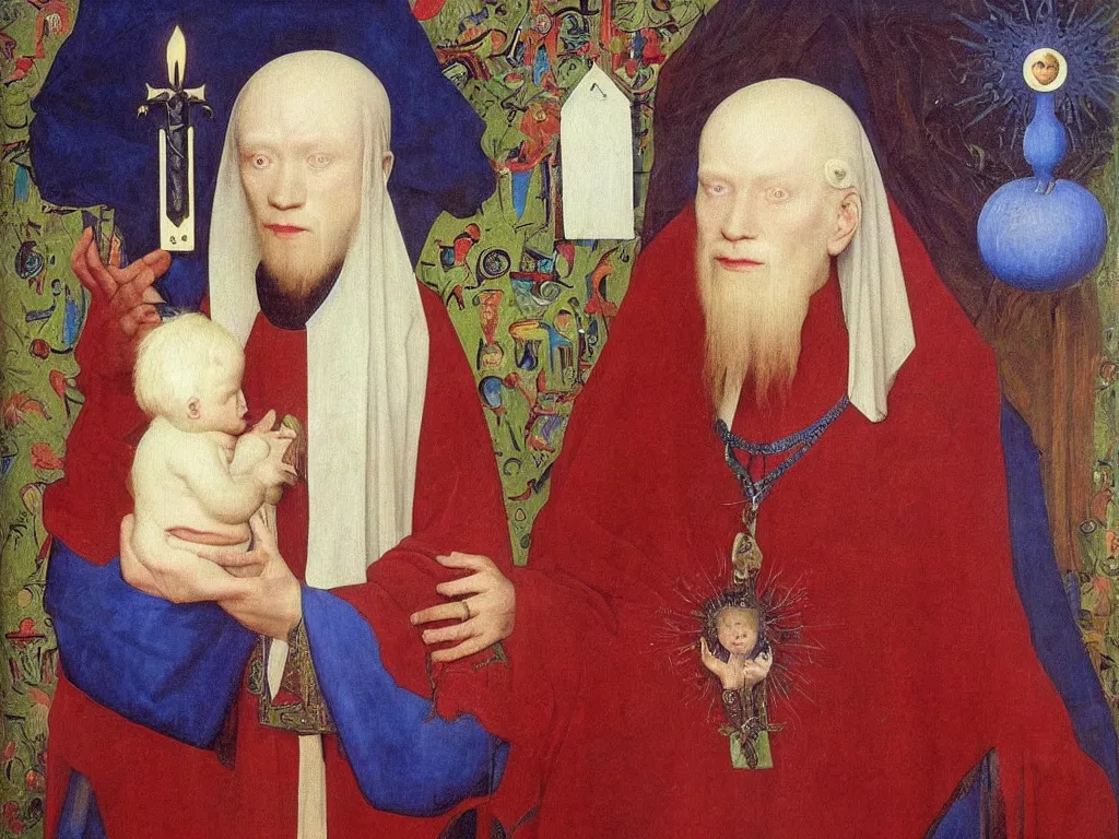 Prompt: Portrait of albino mystic with blue eyes, with Christian Orthodox icon. Painting by Jan van Eyck, Audubon, Rene Magritte, Agnes Pelton, Max Ernst, Walton Ford