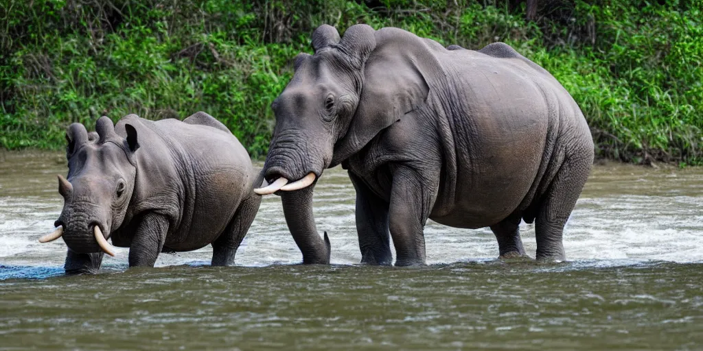 Image similar to a hippo with a rhino's horn and an elephant's trunk, in a river in the jungle, extremely high fidelity, natural lighting