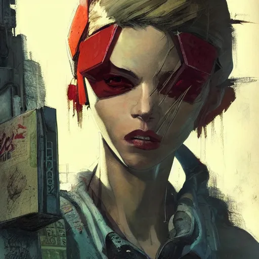 Image similar to concept art character, very high angle view, book cover, very attractive woman with full lips, walking in cyberpunk valley highly realistic, fine details, borderland 3 style, Painting, by Ashley Wood and Jamie Hewlett