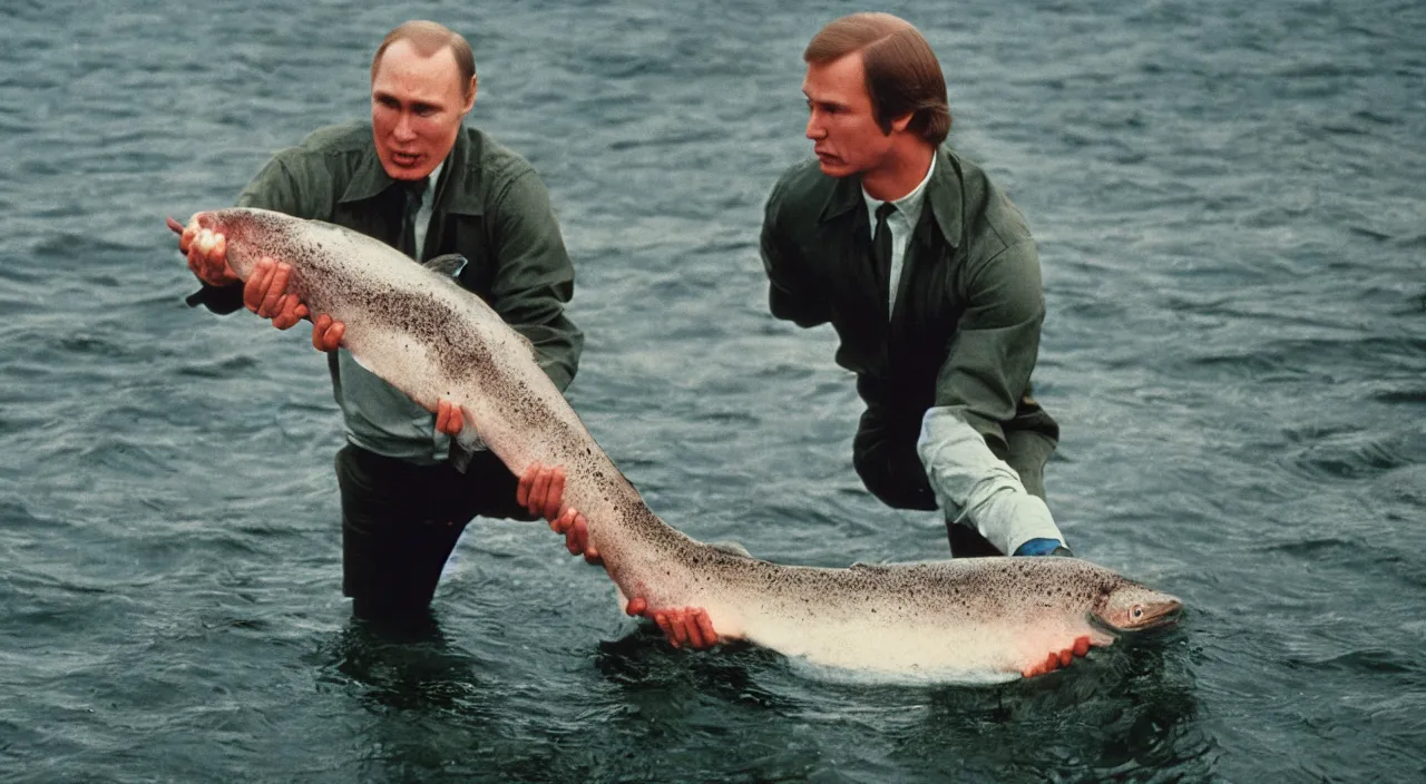 Image similar to 7 0 s movie still of putin catching a salmon with his hands, cinestill 8 0 0 t _ 3 5 mm eastmancolor, heavy grain, high quality, high detail