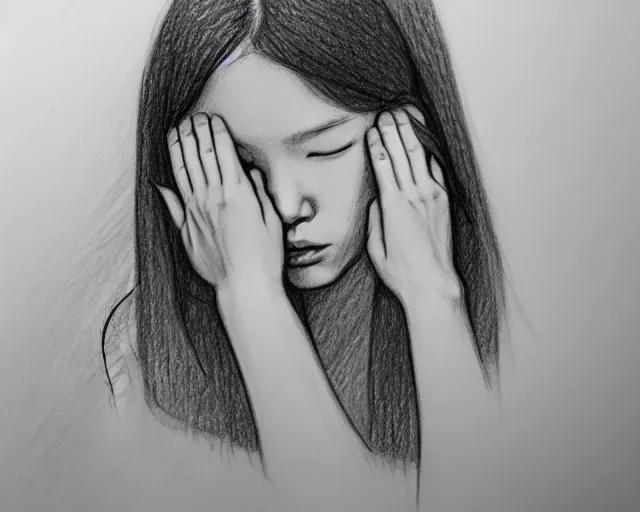 Image similar to a drawing of a woman covering her face with her hands, a sketch by choro choi, thick stroke, trending on artstation, context art, pencil sketch, high detail, kinetic