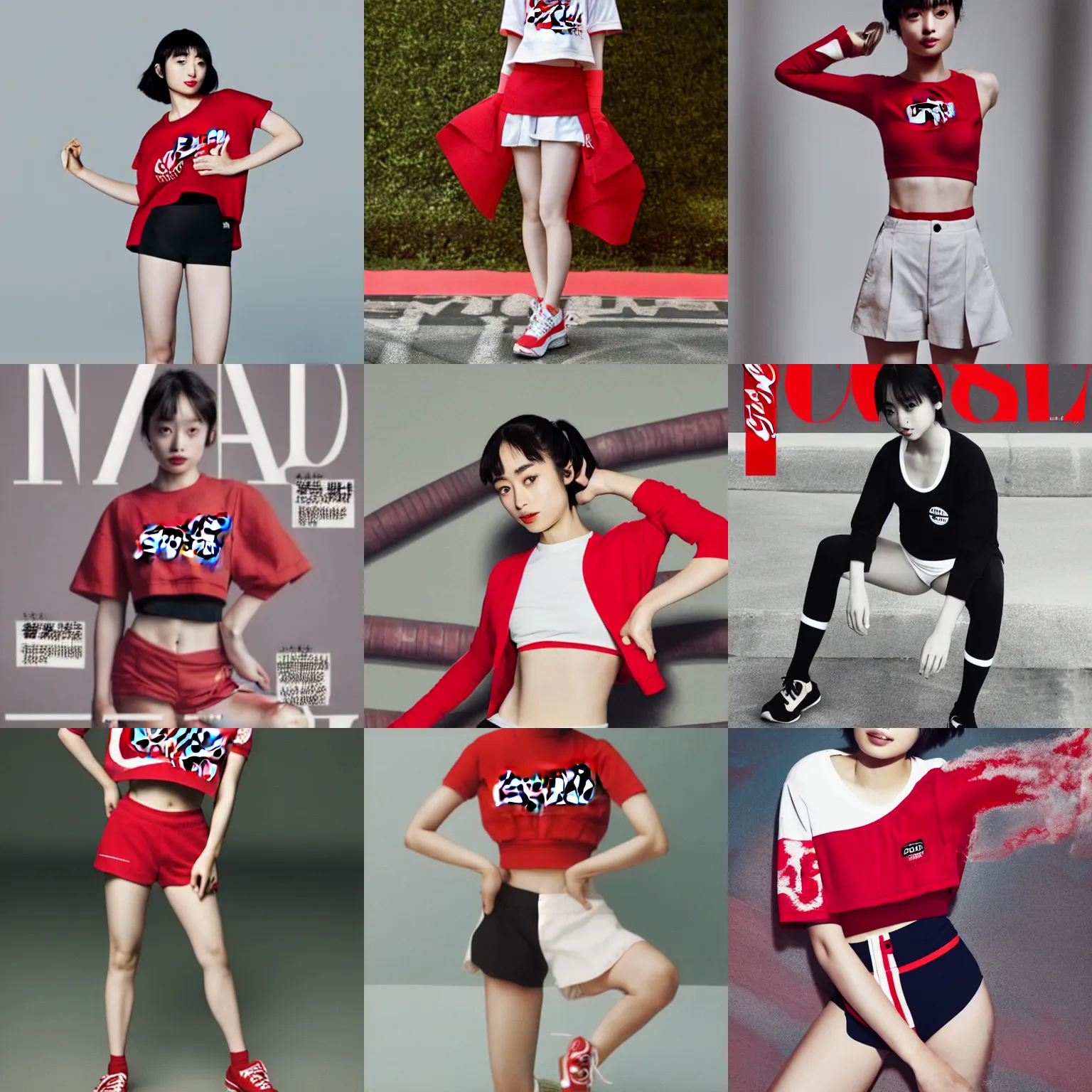 Prompt: suzu Hirose wearing crop red Coca Cola gym top with white Lettering, cropped red yoga short, Vovo editorial by Mario Testino, masterwork