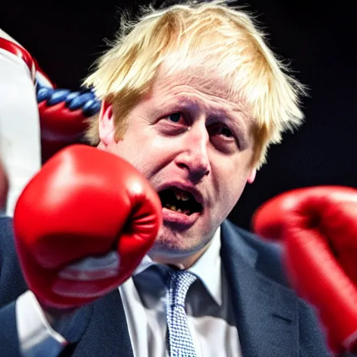 Image similar to boris johnson losing a boxing match, with a bleeding lip and broken nose