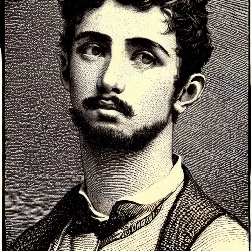 Image similar to A beautiful 19th century wood-engraving of a young Spanish man, by Édouard Riou Jules Férat and Henri de Montaut, highly detailed, fine Art, high detail, great lighting, 8k resolution, masterpiece, concept art, illustration, clear eyes, HDR, trending on artstation, 4k, 8k, HD