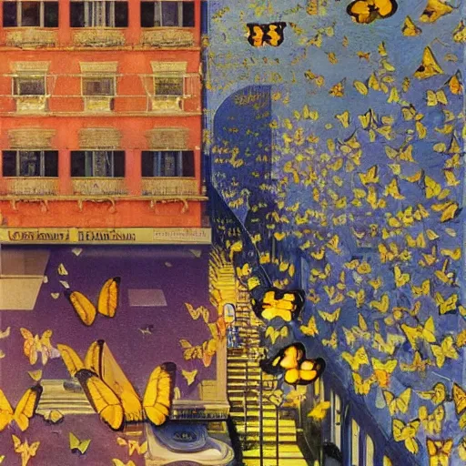 Prompt: invasion of butterflies in a city, hyperrealistic film still by edward hopper, by gottfried helnwein, by klimt, by paolo uccello, by johfra bosschart, art nouveau, highly detailed, strong lights, liminal, eerie, symbolist, bright pastel colors