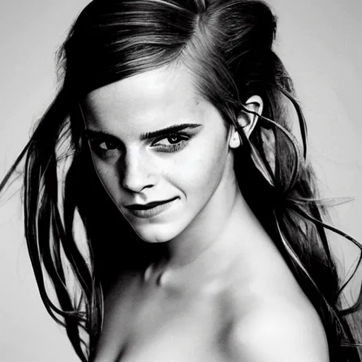 Image similar to Emma Watson closeup of face shoulders and very long hair hair grinning grinning teeth Vogue fashion shoot by Peter Lindbergh fashion poses detailed professional studio lighting dramatic shadows professional photograph by Cecil Beaton, Lee Miller, Irving Penn, David Bailey, Corinne Day, Patrick Demarchelier, Nick Knight, Herb Ritts, Mario Testino, Tim Walker, Bruce Weber, Edward Steichen, Albert Watson