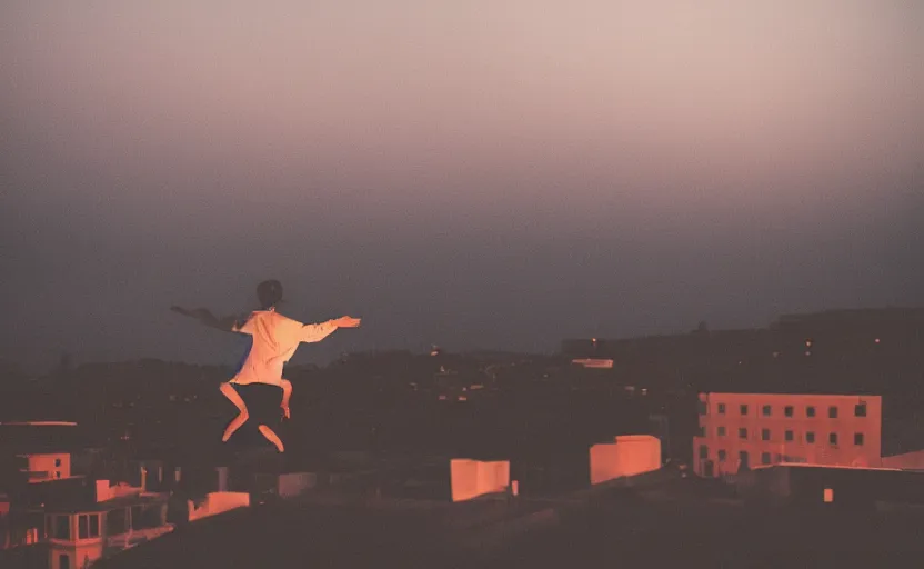 Image similar to sideways landscape photo of person jumping on the roofs, high contrast, moody sunset, late night, blurry photo, sharp focus, digital art, smooth