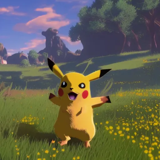 Image similar to Film still of Pikachu, from The Legend of Zelda: Breath of the Wild (2017 video game)