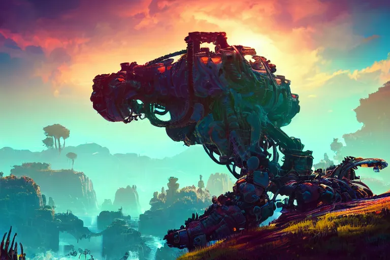 Image similar to clamberjaw machine mecanical creature robot of horizon forbidden west horizon zero dawn bioluminiscence global illumination ray tracing hdr fanart arstation by ian pesty and alena aenami artworks in 4 k