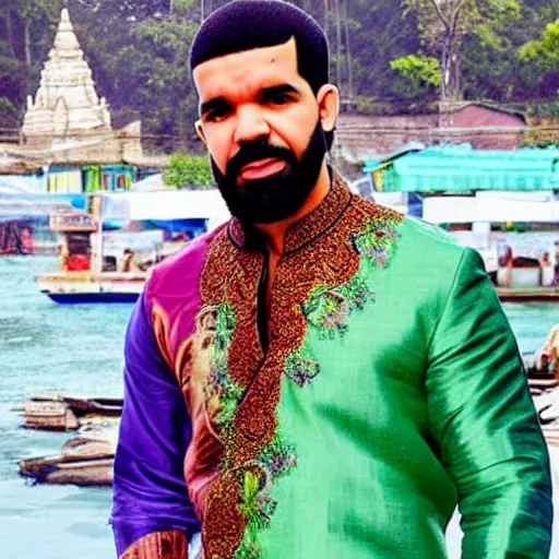 Prompt: kovil in background, wearing a silk kurta, photograph of drake the rapper, drake the rapper's face