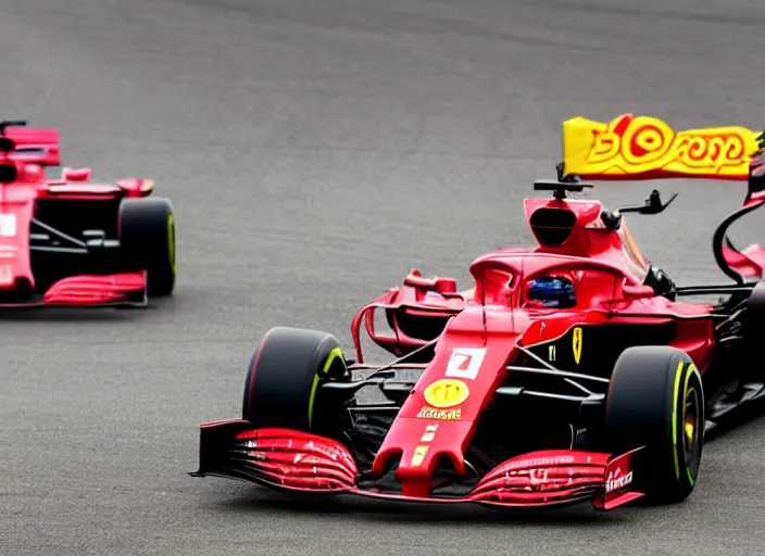 Prompt: live action photo of the 2 0 2 1 f 1 ferrari car, with clown sponsorship, 8 k, hdr, sports photography