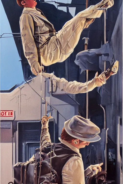Prompt: don't leave me hangin ', an ultrafine detailed painting by john philip falter, austin briggs, cg society, american scene painting, dystopian art, american realism, academic art, movie poster, poster design, concert poster