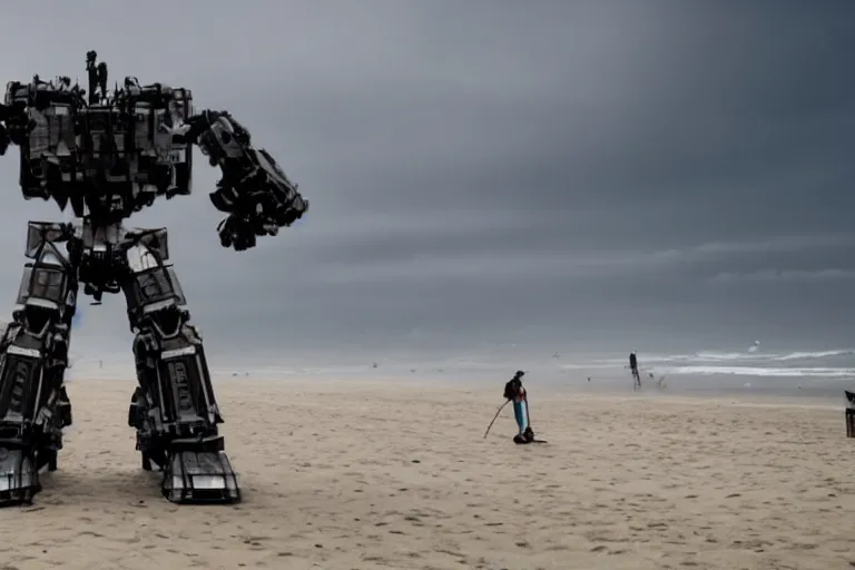 Prompt: cinematography of a giant mech on the beach in Santa Monica by Emmanuel Lubezki