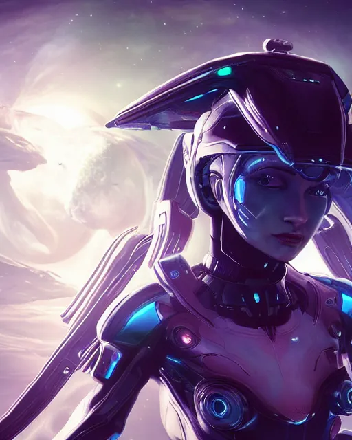 Prompt: photo of a android girl on a mothership, warframe armor, beautiful face, scifi, nebula, futuristic background, galaxy, raytracing, masterpiece, ethereal, beauty, long white hair, blue cyborg eyes, cosmic wind, flow, 8 k high definition, insanely detailed, intricate, innocent, art by akihiko yoshida, antilous chao, woo kim