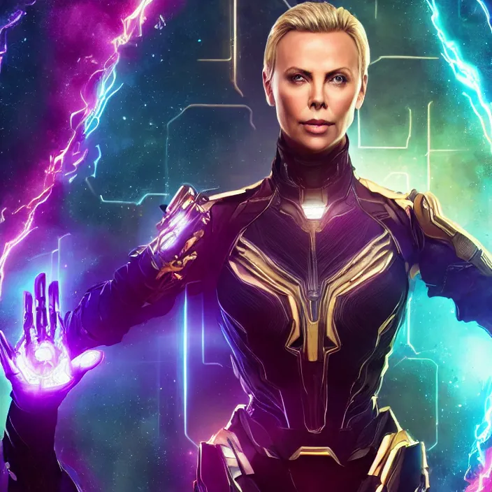 Image similar to portrait of ((Charlize Theron)), wearing The Infinity GAUNTLET. THANOS SNAP. intricate artwork. octane render, trending on artstation, very coherent symmetrical artwork. avengers. thanos. cinematic, hyper realism, high detail, octane render, 8k, iridescent accents