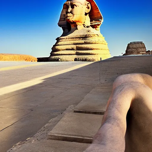 Prompt: bald man sitting on a bench in front of the sphinx, hyper realistic, hdr