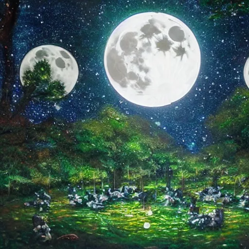 Prompt: a serene forest of faeries, beautiful double moon in the night sky