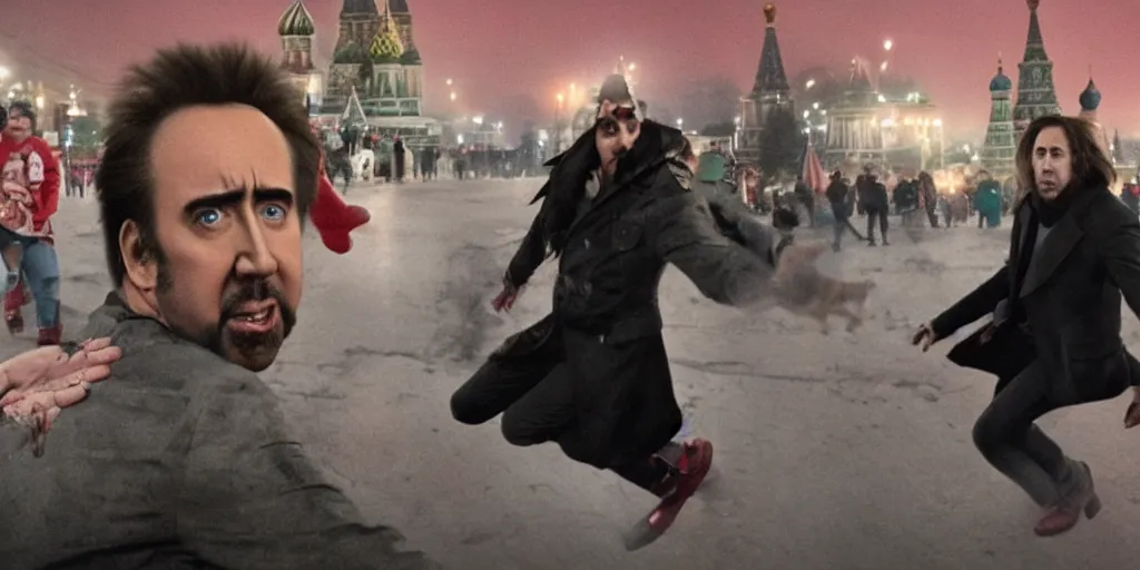 Prompt: nicolas cage as freddy krueger chasing lora palmer on the red square in moscow. cinematic trailer high resolution