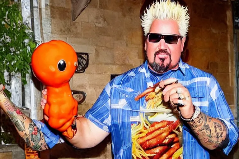 Prompt: beautifully composed photograph of Guy Fieri holding a huge weiner