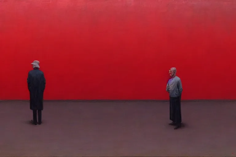 Image similar to only with red, a red old stylish man try to sell a portrait, crowd cheering, in a city square, in the style of beksinski, parts by edward hopper, parts by rodcenko, parts by yue minjun, intricate and epic composition, red by caravaggio, insanely quality, highly detailed, masterpiece, red light, artstation, 4 k