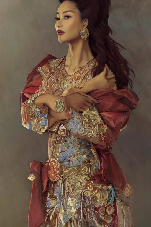 Image similar to portrait of an indonesian supermodels wearing traditional costume,!!!! very coherent!!!! highly detailed, digital painting, artstation, concept art, sharp focus, illustration, art by kittichai rueangchaichan and james gurney and alphonse mucha