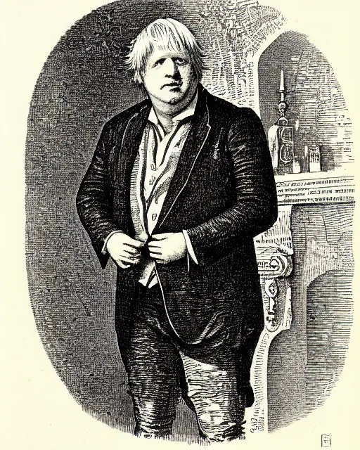 Image similar to illustration of boris johnson from the dictionarre infernal, etching by louis le breton, 1 8 6 9, 1 2 0 0 dpi scan