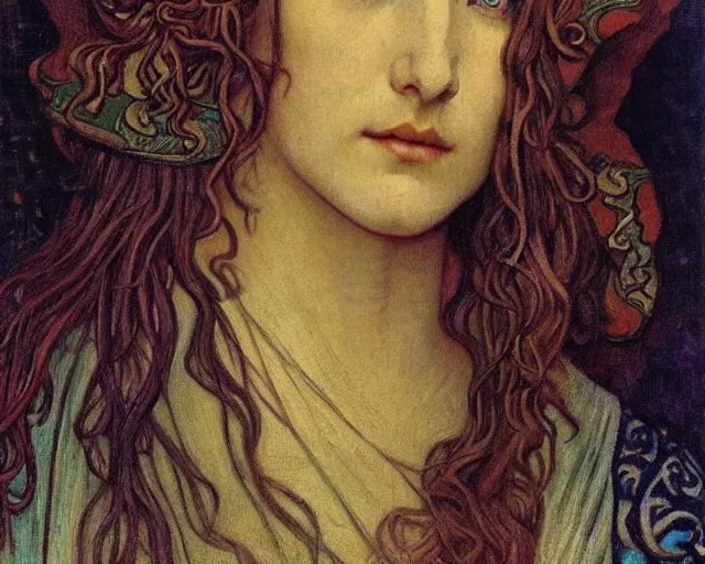 Image similar to detailed realistic beautiful young medieval queen face portrait by jean delville, alphonse mucha, vincent van gogh, and marco mazzoni, art nouveau, symbolist, visionary, gothic, pre - raphaelite