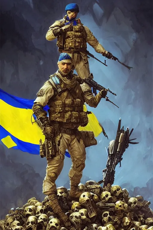 Image similar to special forces soldier with ukrainian blue yellow flag standing on a pile of skulls as a winner, masculine figure, d & d, fantasy, bright atmosphere, volumetric lights, intricate, elegant, extremely detailed, digital painting, artstation, concept art, matte, smooth, sharp focus, hyper realistic, illustration, art by artgerm and greg rutkowski and alphonse mucha