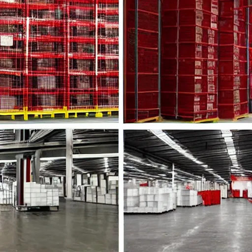 Image similar to two frames of equal size, the first a warehouse full of boxes, the second is exactly the same picture except the boxes are red