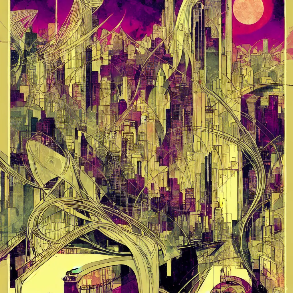 Image similar to bill sienkiewicz art nouveau city