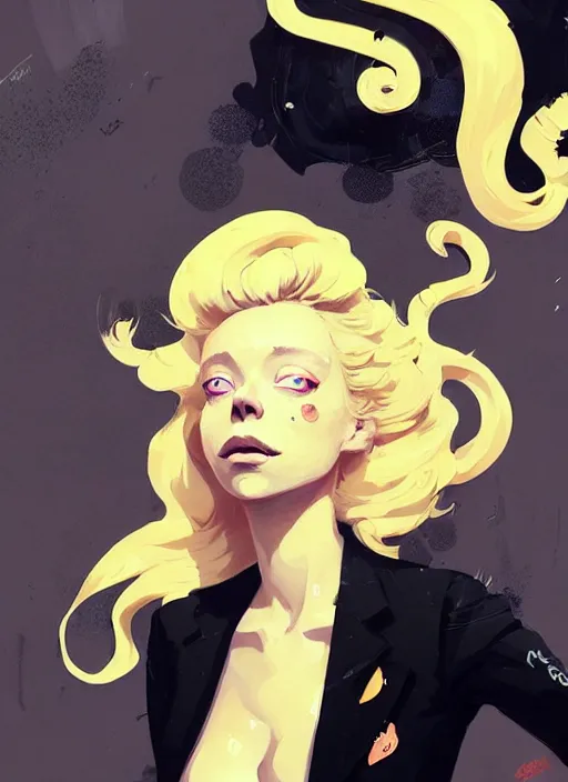 Image similar to highly detailed closeup portrait of beautiful portia doubleday, blonde wavy hair, angela moss, black suit by atey ghailan, by greg rutkowski, by greg tocchini, by james gilleard, by joe fenton, by kaethe butcher, gradient yellow, black and white color scheme, grunge aesthetic!!! ( ( graffiti tag wall background ) )