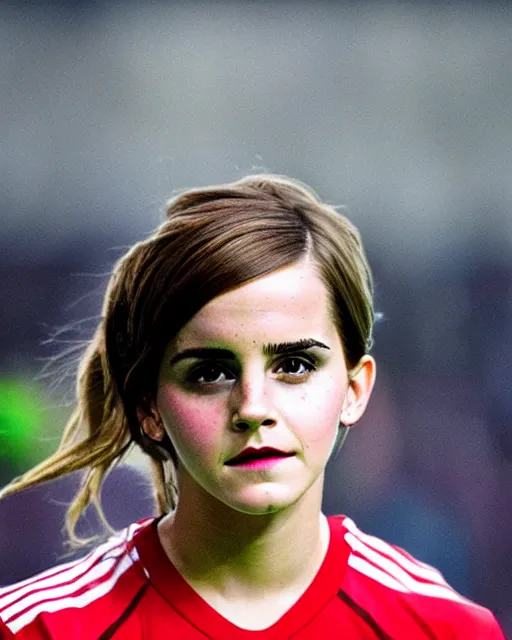 Image similar to a portrait of emma watson as a lokomotiv football player, hyper realistic