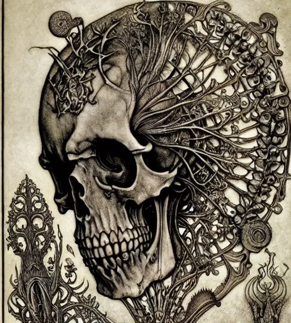 Image similar to memento mori by arthur rackham, art forms of nature by ernst haeckel, exquisitely detailed, art nouveau, gothic, ornately carved beautiful skull dominant, intricately carved antique bone, art nouveau botanicals, ornamental bone carvings, art forms of nature by ernst haeckel, horizontal symmetry, arthur rackham, ernst haeckel, symbolist, visionary