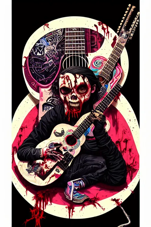 Image similar to zombie punk rocker playing acoustic guitar, tristan eaton, victo ngai, artgerm, rhads, ross draws, intricated details, 3 / 4 view, full body portrait