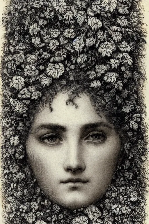 Image similar to extreme close-up portrait of a woman with her face covered by hair with flowers woven into it, forest background, Gustave Dore lithography