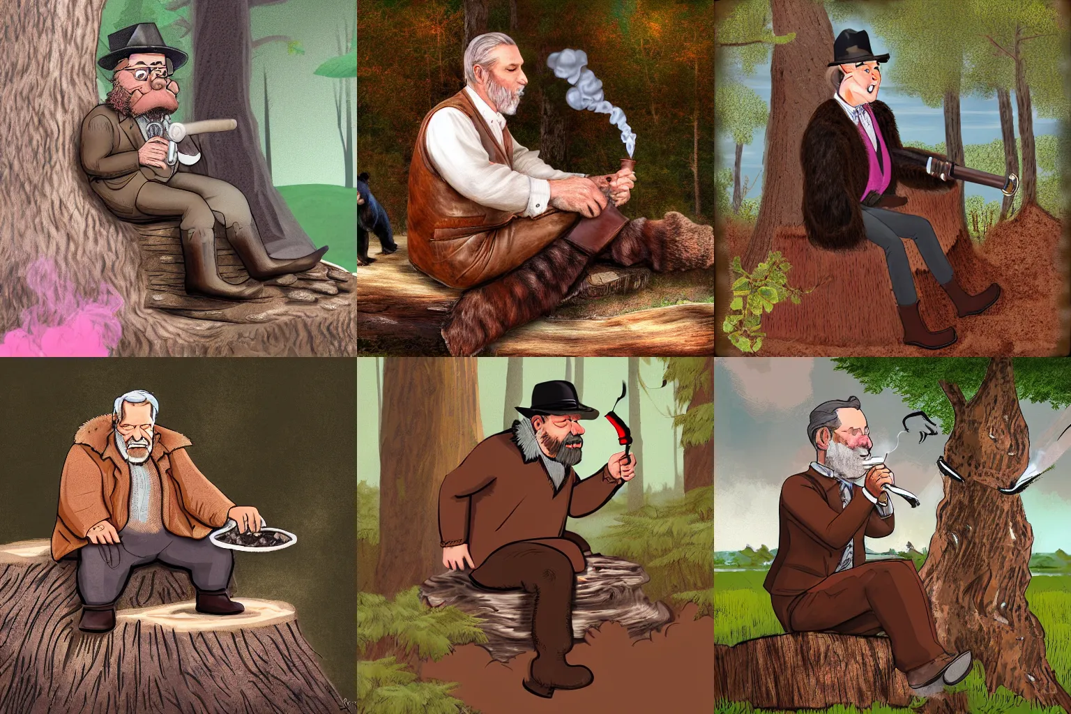 Prompt: A pipesmoking older men with brown hair and bear sitting on a treestump. he wears a fur west and brown leather pants. the smoke from the pipe is pink. digital art.