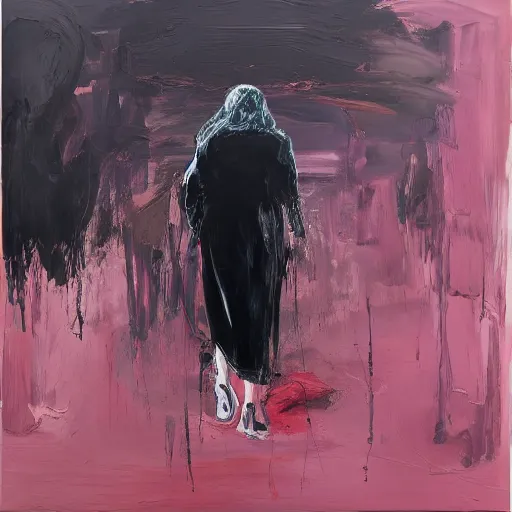 Image similar to _ in _ these _ paintings _ we _ see _ a _ big and tall _ woman _ who _ seem _ to _ be _ walking _ in _ circles in a busy void space, 4 k, in the style of ben quilty, hyper realism, minimal pink palette, medium shot, oil paint with thick brushstrokes of paint, impasto, detailed,