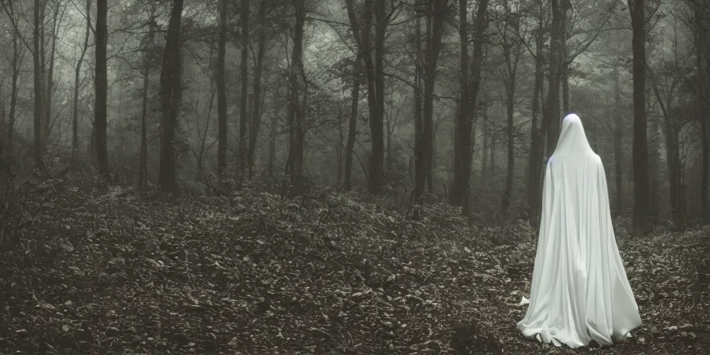 Image similar to a white female ghost in a forest, 35mm, cinematic atmosphere, mist, photorealistic, depth of field, gloomy