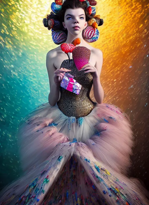 Image similar to expressive full body photo of anya taylor - joy, dress made of sweets and candies, glamour shot, by karol bak, stefan gesell, photorealistic, nikon d 4 x, fashion photography, hyper maximalist, elegant, ornate, luxury, elite, environmental portrait, symmetrical features, octane render, unreal engine, solid dark grey background, dramatic lights