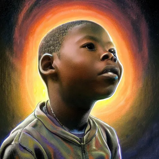 Image similar to upper half portrait of an african boy inside a group of clouds, mecha robots behind - surrounded by bolts of lightning with rays of light emanating from clouds - in drew struzan movie poster style, art by drew struzan, highly detailed, digital painting, ray tracing, illustration, smooth, sharp focus, intricate, symmetry, artstation,