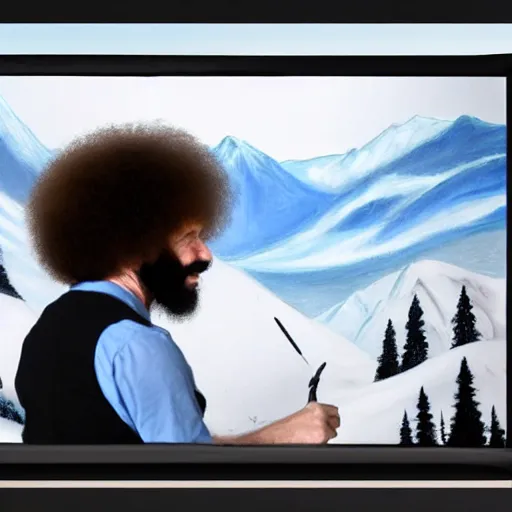 Image similar to a closeup photorealistic photograph of bob ross working on a canvas painting of marilyn manson. happy trees, mountain scape. film still. brightly lit scene. this 4 k hd image is trending on artstation, featured on behance, well - rendered, extra crisp, features intricate detail, epic composition and the style of unreal engine.