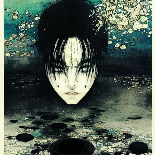 Image similar to an ominous object floats in an empty room, a highly detailed yoshitaka amano painting, by adrian ghenie and gerhard richter. art by takato yamamoto. masterpiece, deep colours.