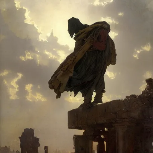 Image similar to half portait of wizzard wearing a closed cowl and big old book! chained to the wrist, jeremy mann, jean - leon gerome, tiepolo, alphonse mucha, greg rutkowski, face in the shadows, ( ( ruins of ancient rome ) ), at dusk, mysterious atmosphere, sunrays, dof, high detailed, 8 k