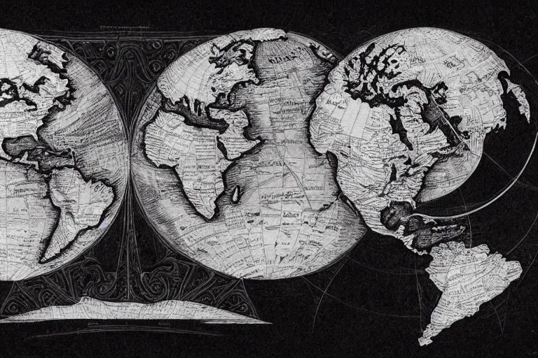 Prompt: intricate and dramatic sketch of world map, both hemispheres shown as globes, evil, insidious, hyperdetailed, 80mm lens, by Greg Rutkowski and guweiz, white and red ink sketch on black paper