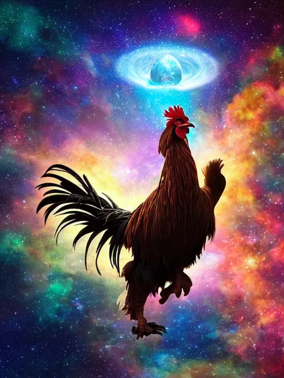 Prompt: a lone giant majestic rooster in strut position, floating through the galaxy cosmic nebula, epic, volumetric light, hyperrealistic, glitter, mega detailed, beautiful composition, beautiful lighting, unreal render, 4 k, vincent di fate, john berkey, michael whelan, good lookin rooster