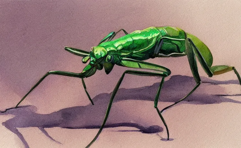 Image similar to concept art of a mantis insect, pinterest, artstation trending, behance, watercolor, by coby whitmore, silver, laser light,