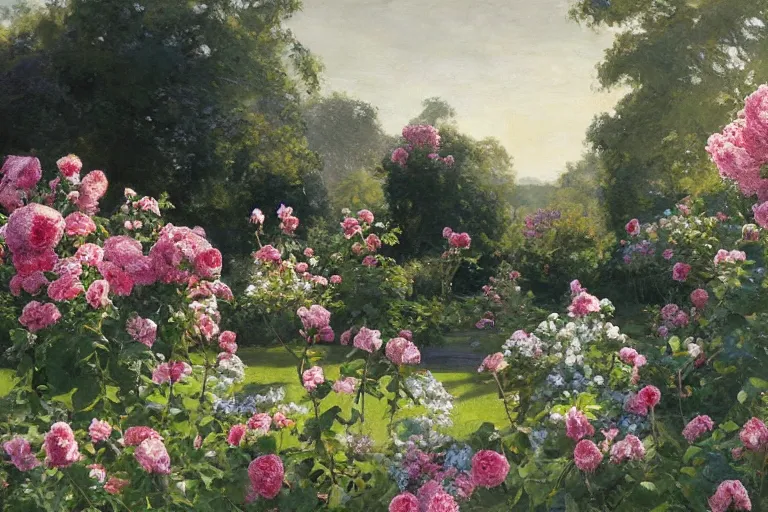 Prompt: rose garden in the morning sun, award winning by henrietta rae and raphael!!!